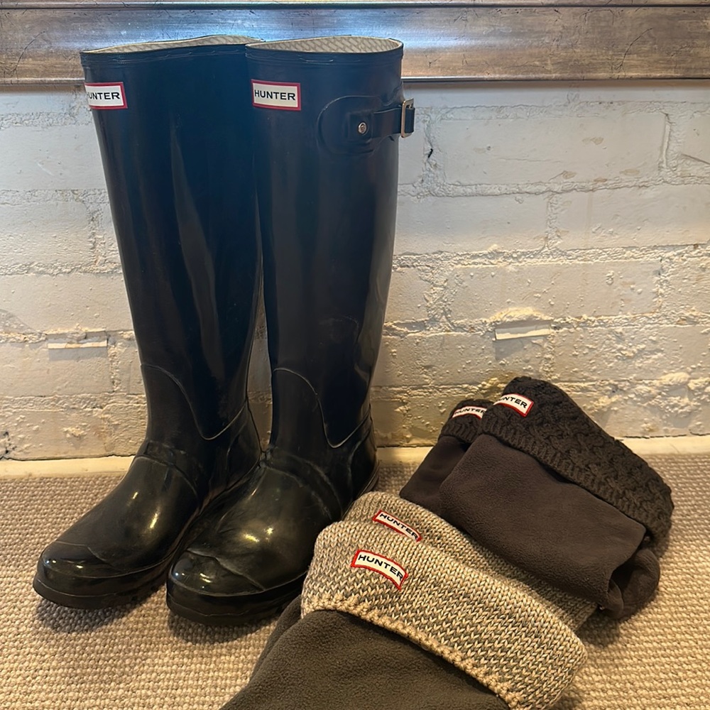 Tall black Hunter boots with two pairs of boot socks